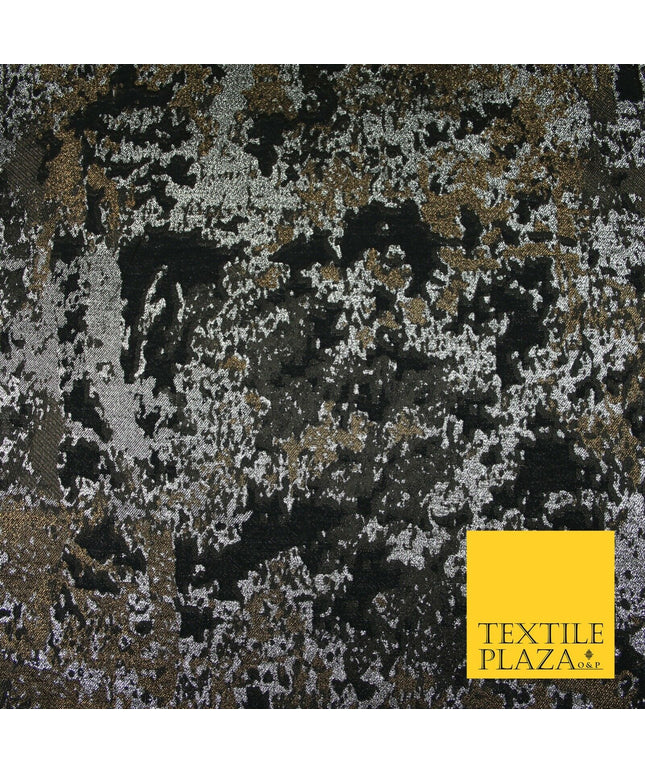 Black Coffee Silver Metallic Artsy Abstract Speckle Textured Brocade Fabric 7154