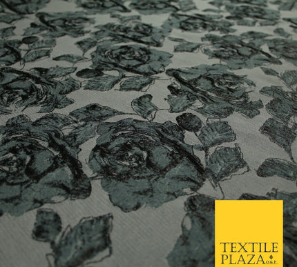 Grey Black Large Falling Carnations Floral Metallic Textured Brocade Fabric 7156