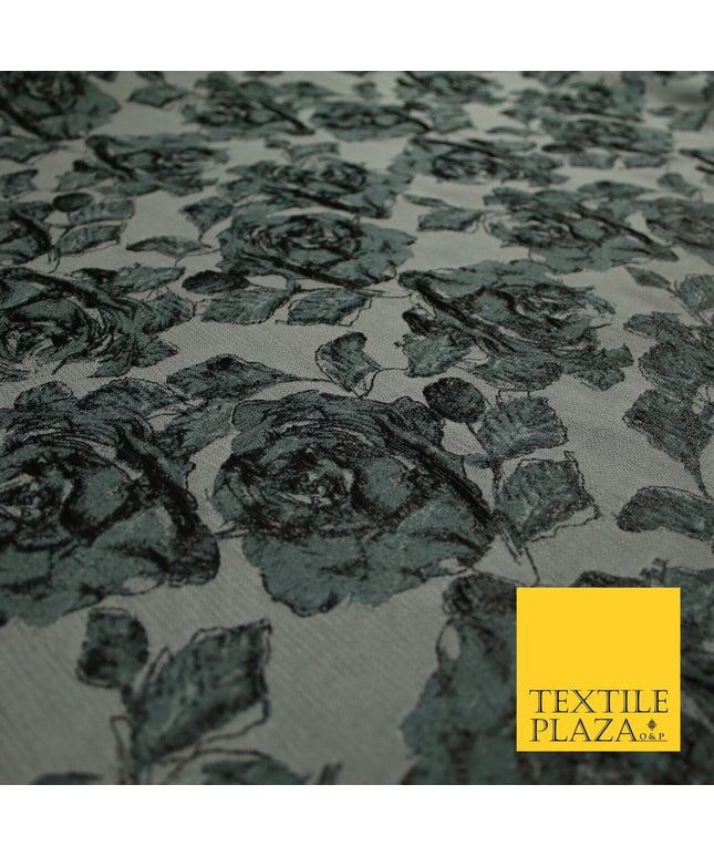 Grey Black Large Falling Carnations Floral Metallic Textured Brocade Fabric 7156