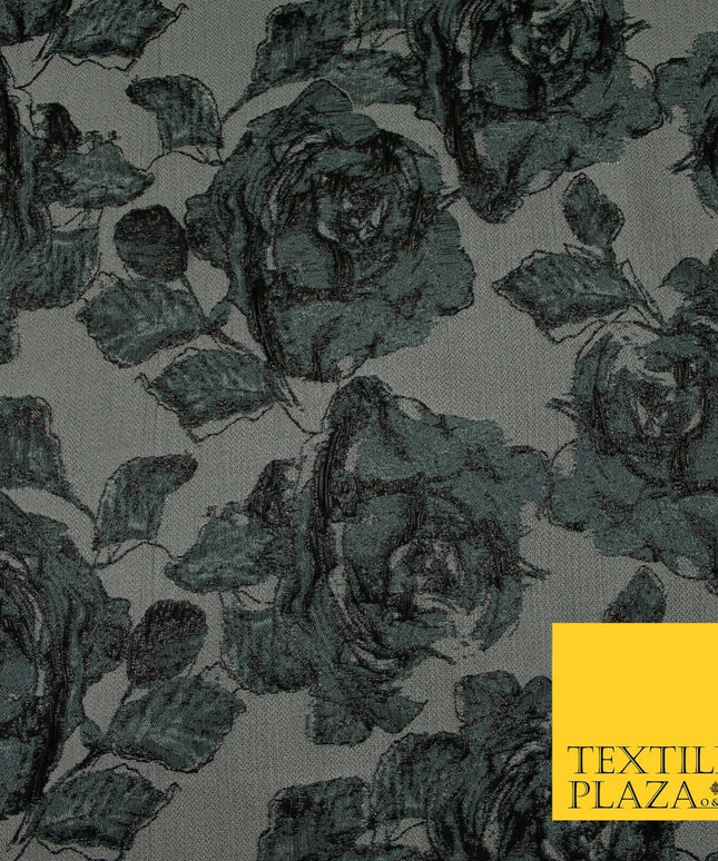 Grey Black Large Falling Carnations Floral Metallic Textured Brocade Fabric 7156