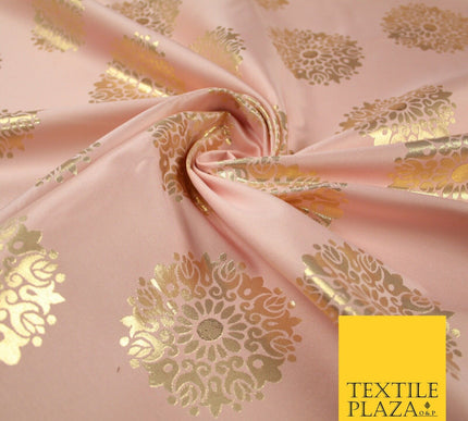 Baby Pink Metallic Gold Ornate Mandala Motif Textured Brocade Dress Fabric 7155