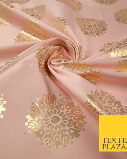 Baby Pink Metallic Gold Ornate Mandala Motif Textured Brocade Dress Fabric 7155