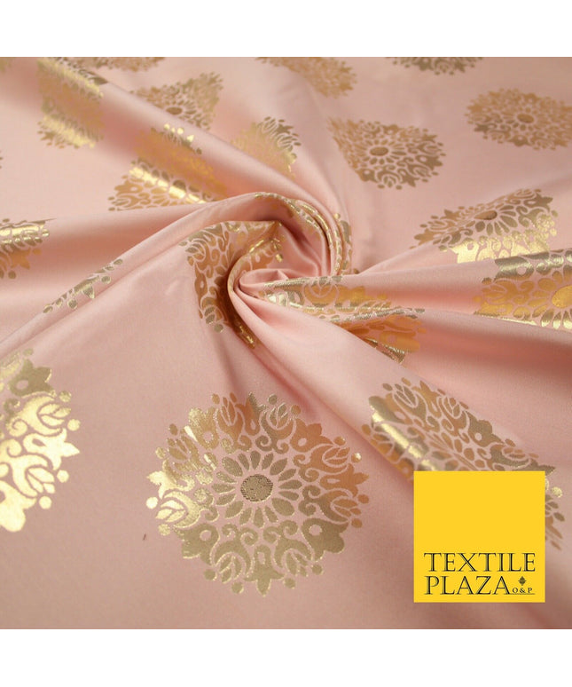 Baby Pink Metallic Gold Ornate Mandala Motif Textured Brocade Dress Fabric 7155