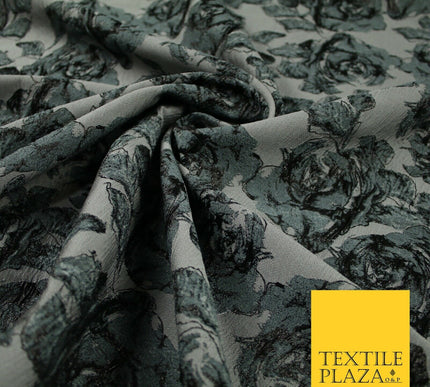 Grey Black Large Falling Carnations Floral Metallic Textured Brocade Fabric 7156