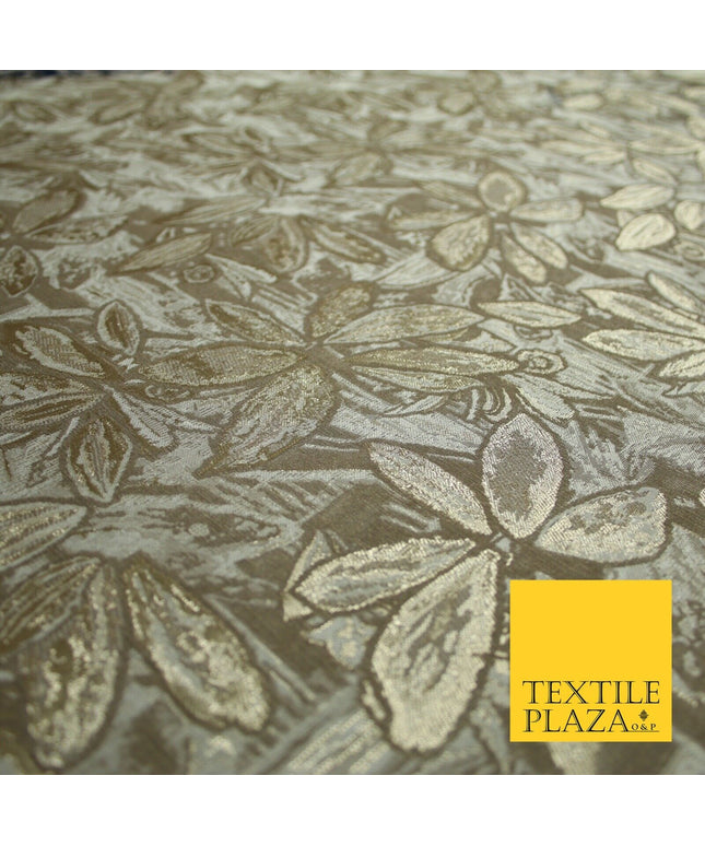 Toasted Beige Gold Vintage Leafy Leaves Metallic Textured Brocade Fabric 7151