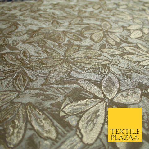 Toasted Beige Gold Vintage Leafy Leaves Metallic Textured Brocade Fabric 7151