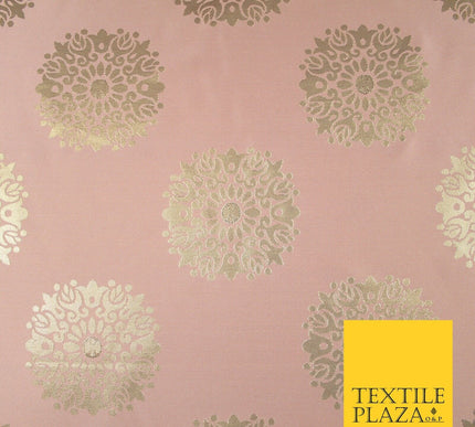 Baby Pink Metallic Gold Ornate Mandala Motif Textured Brocade Dress Fabric 7155
