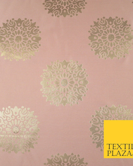 Baby Pink Metallic Gold Ornate Mandala Motif Textured Brocade Dress Fabric 7155