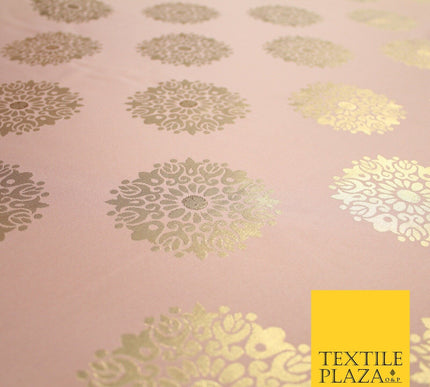 Baby Pink Metallic Gold Ornate Mandala Motif Textured Brocade Dress Fabric 7155