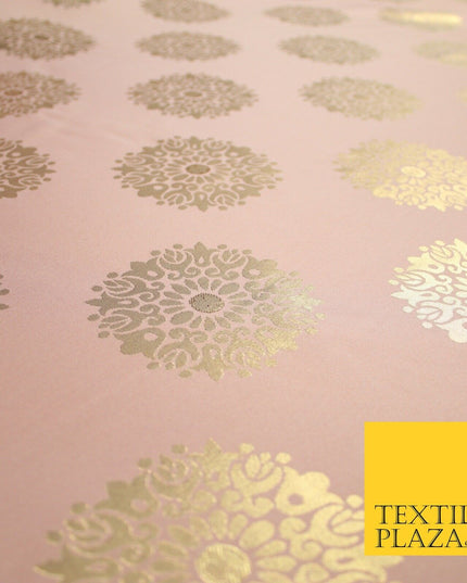 Baby Pink Metallic Gold Ornate Mandala Motif Textured Brocade Dress Fabric 7155