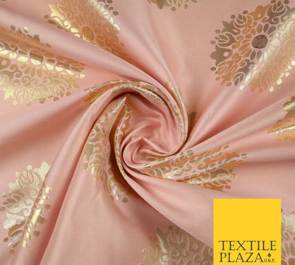 Baby Pink Metallic Gold Ornate Mandala Motif Textured Brocade Dress Fabric 7155
