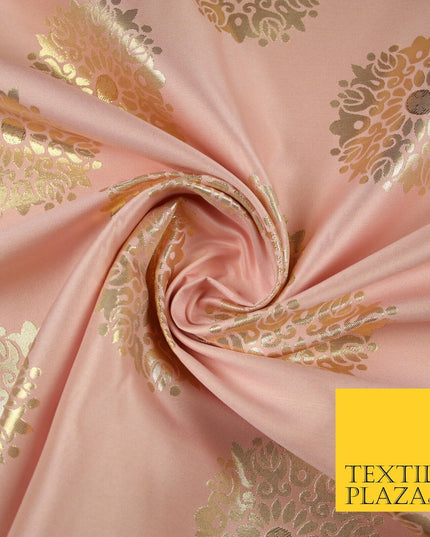 Baby Pink Metallic Gold Ornate Mandala Motif Textured Brocade Dress Fabric 7155