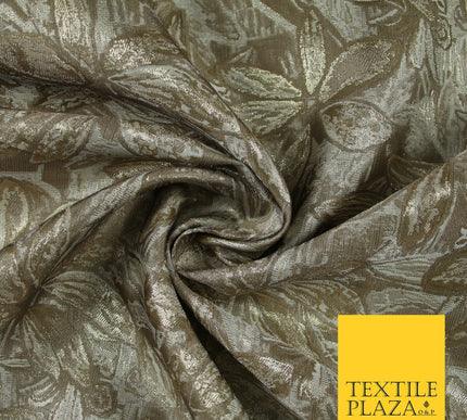 Toasted Beige Gold Vintage Leafy Leaves Metallic Textured Brocade Fabric 7151