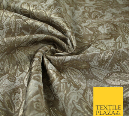Toasted Beige Gold Vintage Leafy Leaves Metallic Textured Brocade Fabric 7151