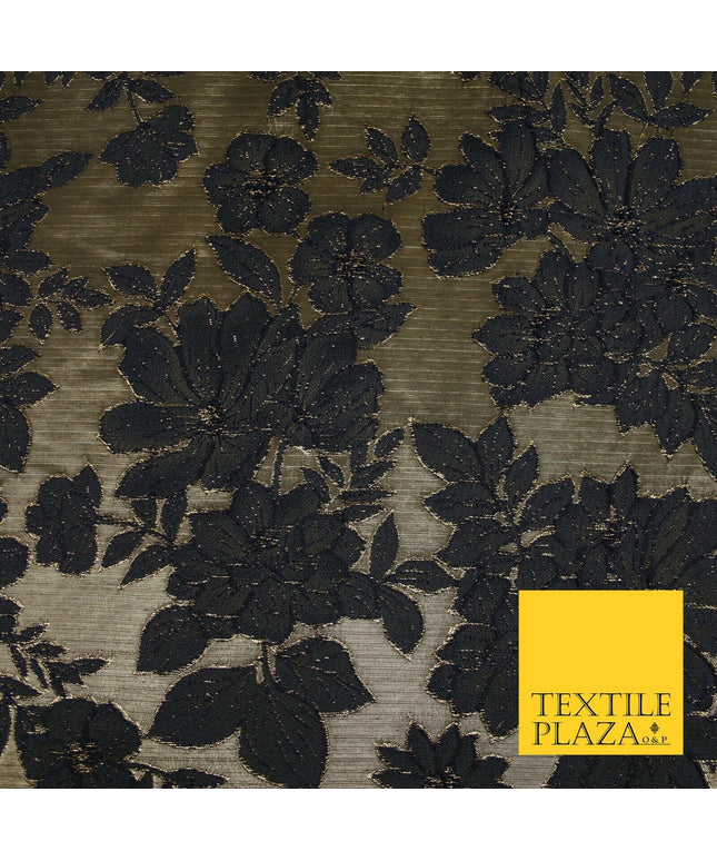 Navy Blue Floral Cluster Corded Metallic Textured Brocade Jacquard Fabric 7141