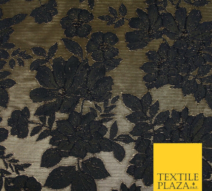 Navy Blue Floral Cluster Corded Metallic Textured Brocade Jacquard Fabric 7141