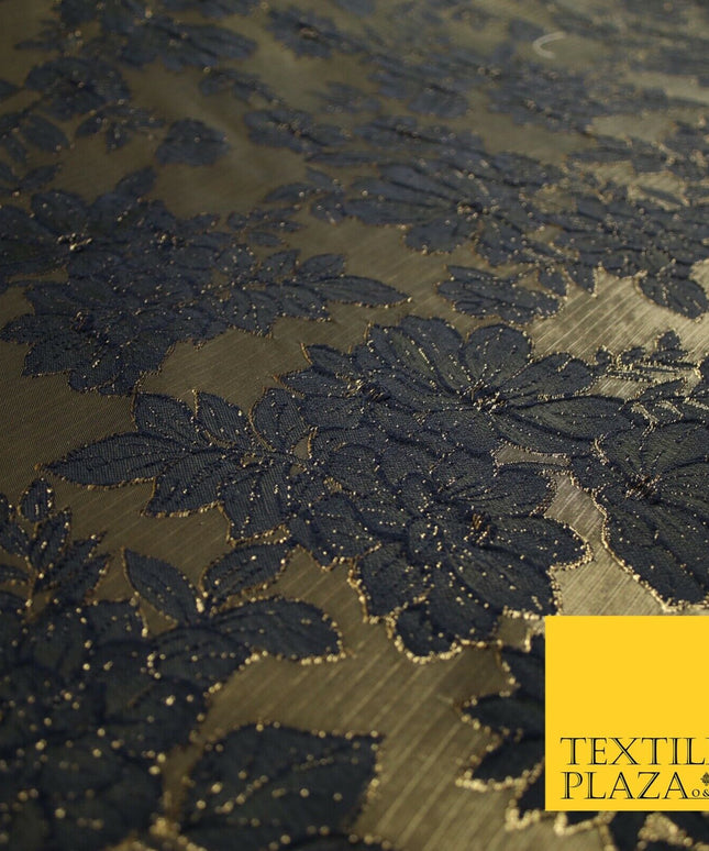 Navy Blue Floral Cluster Corded Metallic Textured Brocade Jacquard Fabric 7141