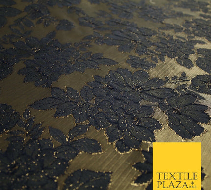 Navy Blue Floral Cluster Corded Metallic Textured Brocade Jacquard Fabric 7141