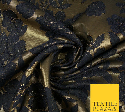 Navy Blue Floral Cluster Corded Metallic Textured Brocade Jacquard Fabric 7141