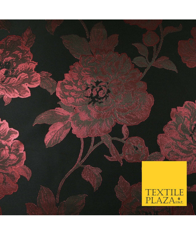 Black Raspberry Wine Oversized Floral Metallic Jacquard Brocade Fabric 7149