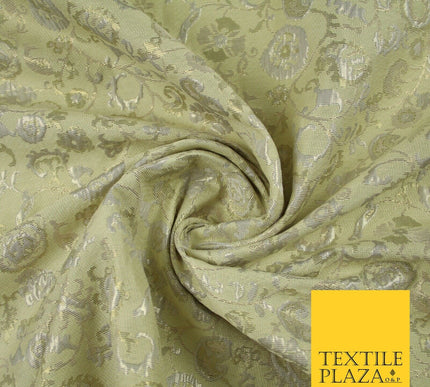 Pale Green Ornate Intense Vine Floral Metallic Textured Brocade Fabric 7144