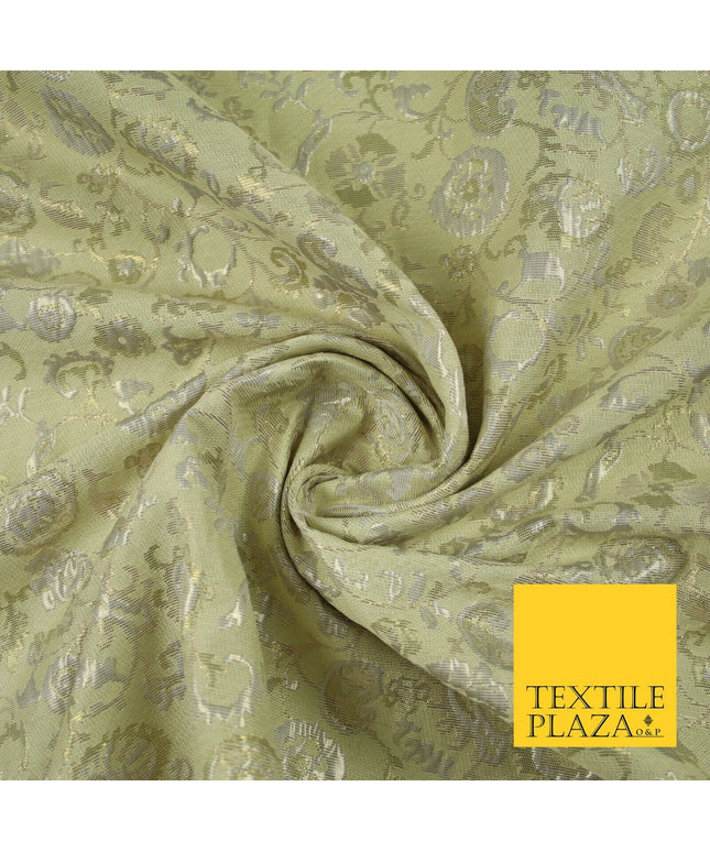 Pale Green Ornate Intense Vine Floral Metallic Textured Brocade Fabric 7144