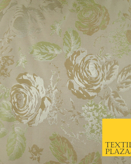 Pale Nude Peach Green Vintage Floral Carnations Jacquard Dress Fabric 7143