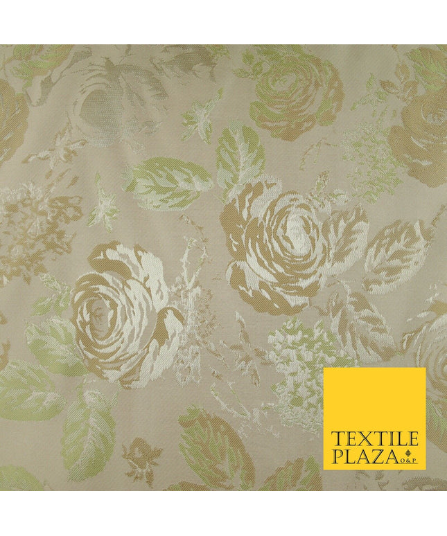 Pale Nude Peach Green Vintage Floral Carnations Jacquard Dress Fabric 7143