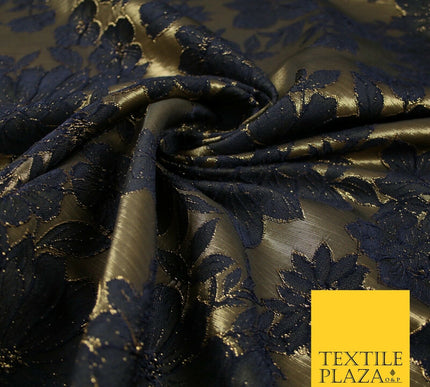 Navy Blue Floral Cluster Corded Metallic Textured Brocade Jacquard Fabric 7141