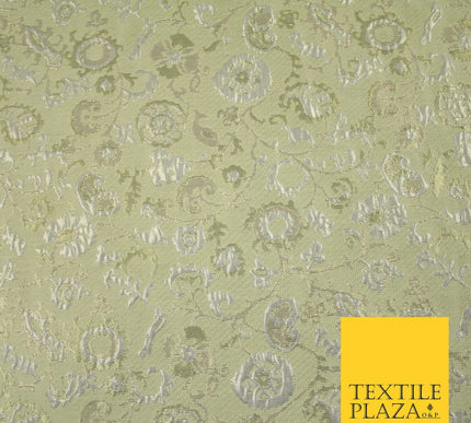Pale Green Ornate Intense Vine Floral Metallic Textured Brocade Fabric 7144