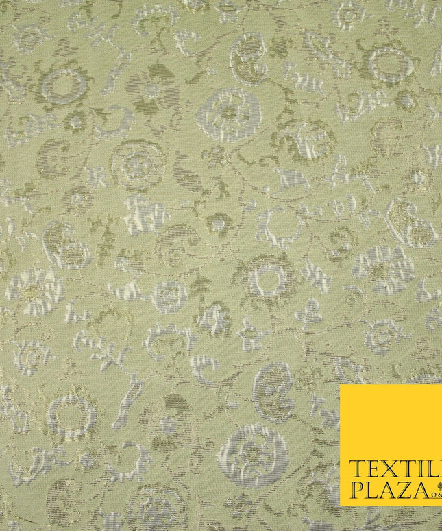Pale Green Ornate Intense Vine Floral Metallic Textured Brocade Fabric 7144