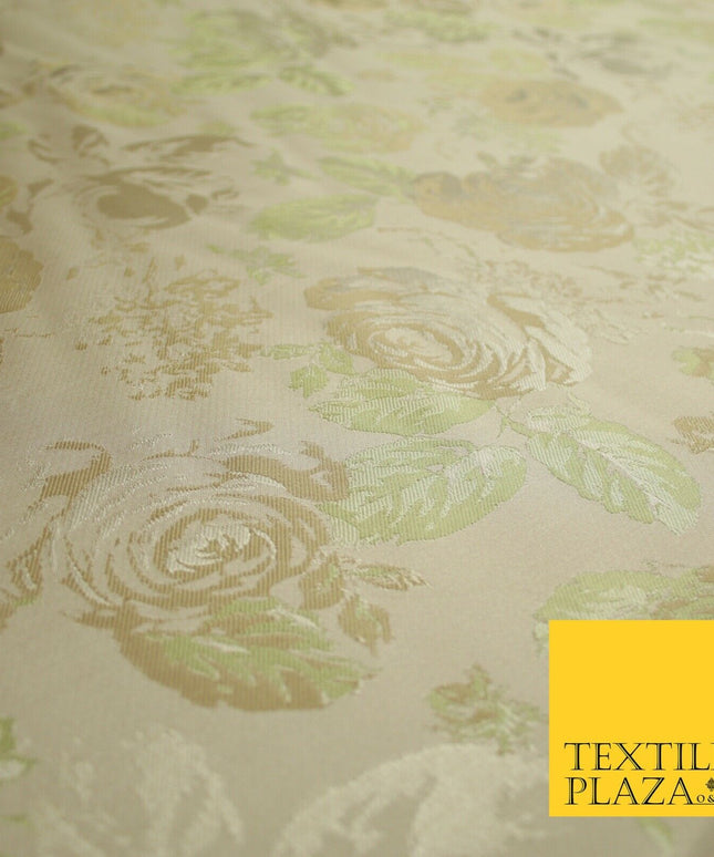 Pale Nude Peach Green Vintage Floral Carnations Jacquard Dress Fabric 7143