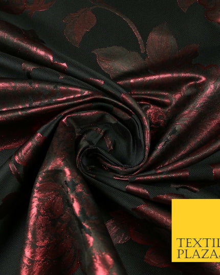 Black Raspberry Wine Oversized Floral Metallic Jacquard Brocade Fabric 7149