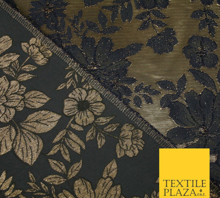 Navy Blue Floral Cluster Corded Metallic Textured Brocade Jacquard Fabric 7141