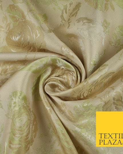 Pale Nude Peach Green Vintage Floral Carnations Jacquard Dress Fabric 7143