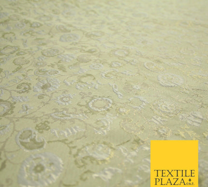 Pale Green Ornate Intense Vine Floral Metallic Textured Brocade Fabric 7144