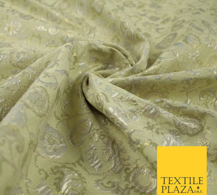 Pale Green Ornate Intense Vine Floral Metallic Textured Brocade Fabric 7144