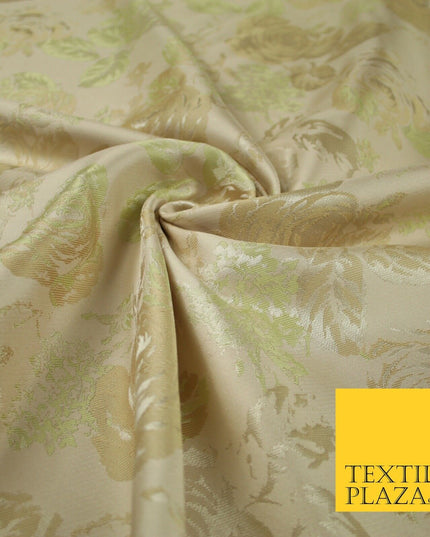 Pale Nude Peach Green Vintage Floral Carnations Jacquard Dress Fabric 7143