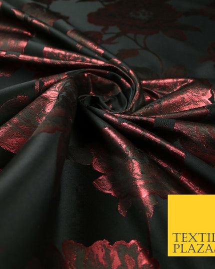 Black Raspberry Wine Oversized Floral Metallic Jacquard Brocade Fabric 7149