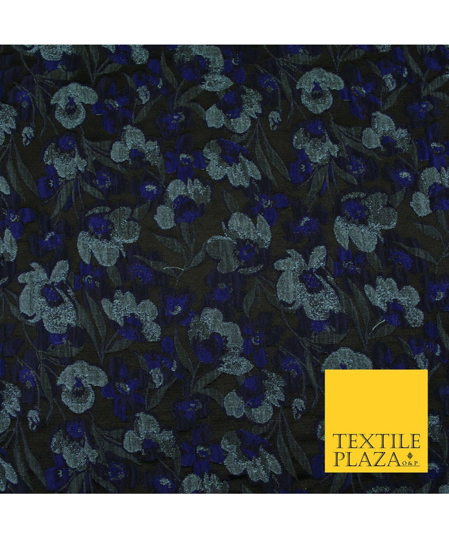 Black Royal Blue Duck Egg Intense Pansy Floral Textured Brocade Fabric 7148