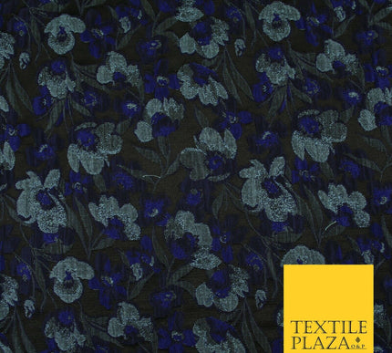 Black Royal Blue Duck Egg Intense Pansy Floral Textured Brocade Fabric 7148