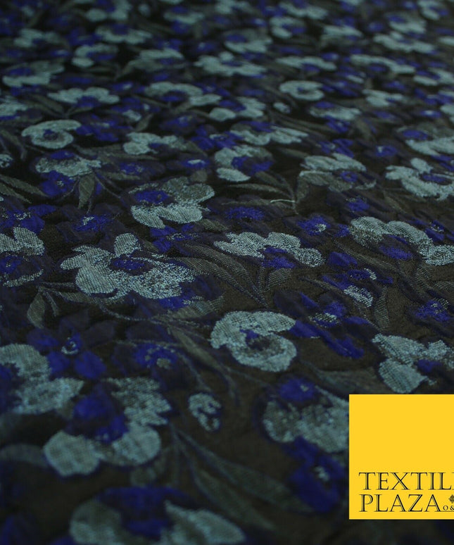 Black Royal Blue Duck Egg Intense Pansy Floral Textured Brocade Fabric 7148