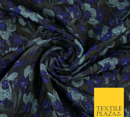 Black Royal Blue Duck Egg Intense Pansy Floral Textured Brocade Fabric 7148