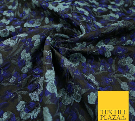 Black Royal Blue Duck Egg Intense Pansy Floral Textured Brocade Fabric 7148