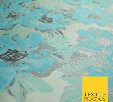 Grey Sky Blue Mint Floral Bloom Textured Brocade Jacquard Dress Fabric 7127