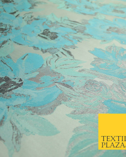 Grey Sky Blue Mint Floral Bloom Textured Brocade Jacquard Dress Fabric 7127
