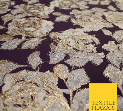Plum Antique Gold Falling Carnation Floral Metallic Textured Brocade Fabric 7135