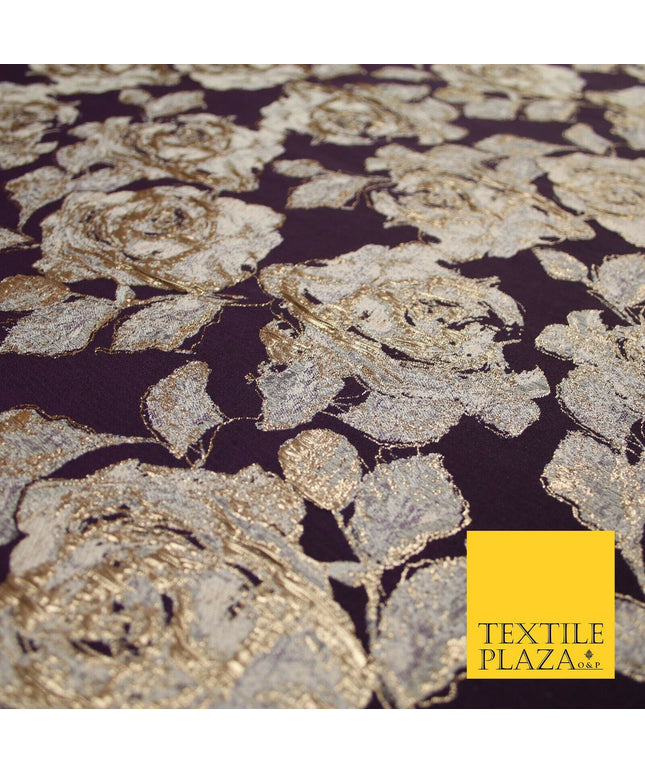Plum Antique Gold Falling Carnation Floral Metallic Textured Brocade Fabric 7135