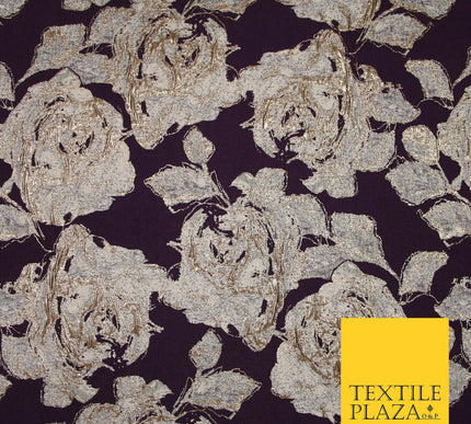 Plum Antique Gold Falling Carnation Floral Metallic Textured Brocade Fabric 7135