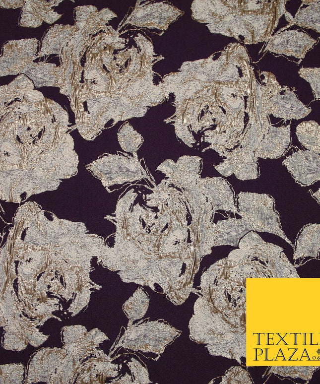 Plum Antique Gold Falling Carnation Floral Metallic Textured Brocade Fabric 7135